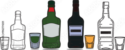 Alcohol bottle and shot glass set with colored and outline vector illustration components.