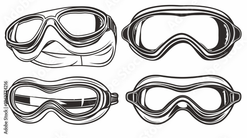 Black and white vector illustration shows four different views of retro goggles