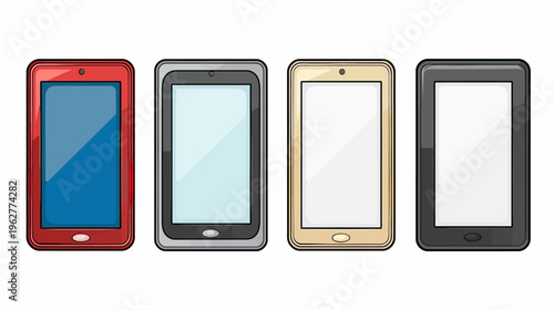 Four cartoon-style tablets/e-readers in red, gray, gold, and black, screen-on, outlined