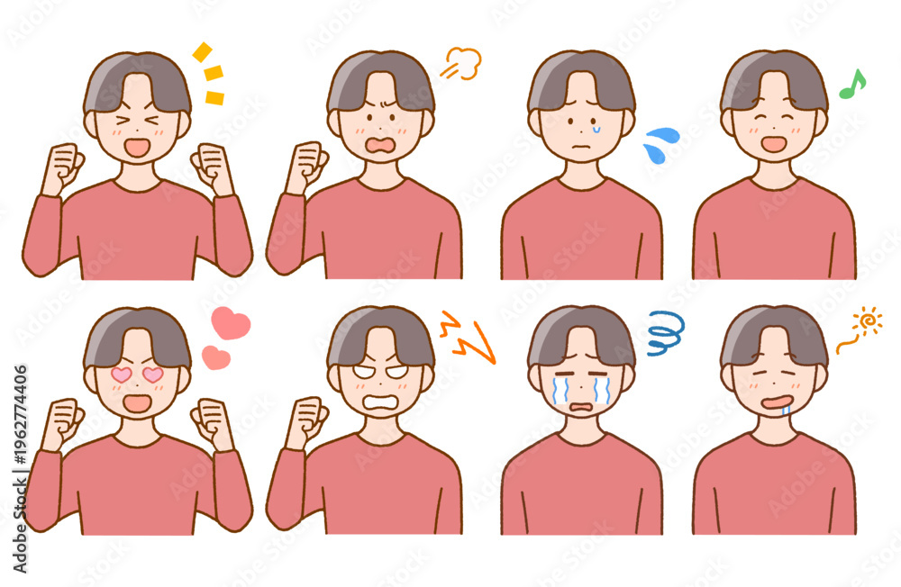 Fototapeta premium 若い男性の喜怒哀楽イラストセット｜表情・コミカル