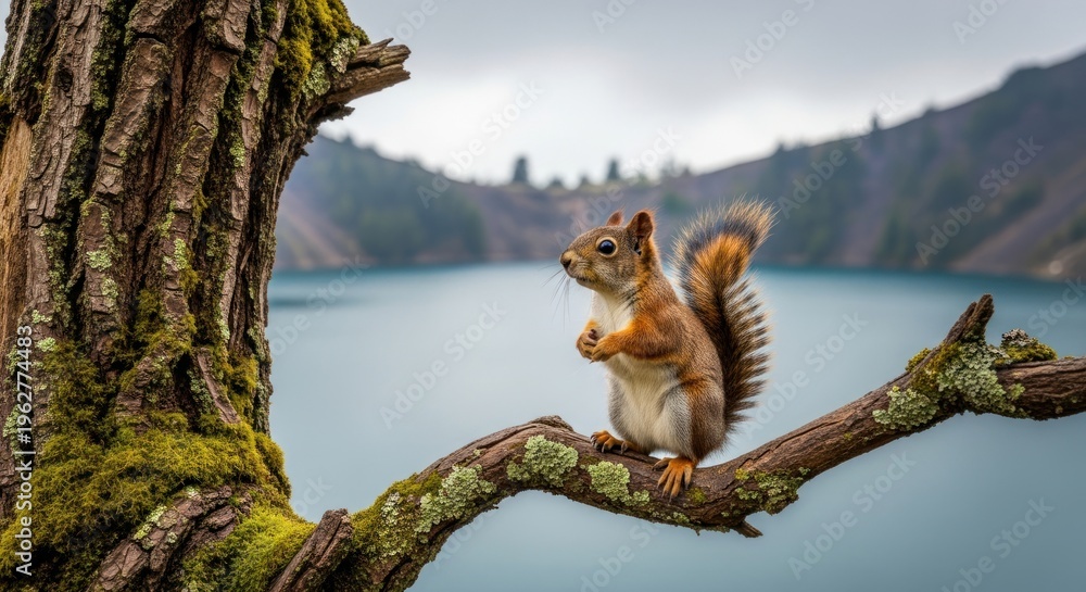 Fototapeta premium A squirrel perched on a tree branch overlooking a serene lake, surrounded by rolling hills and a distant mountain range.