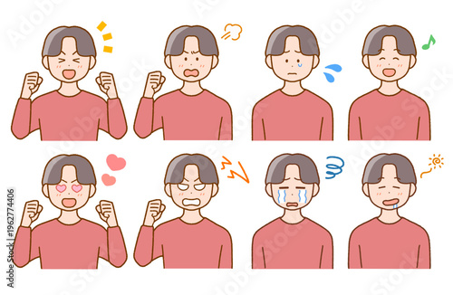若い男性の喜怒哀楽イラストセット｜表情・コミカル