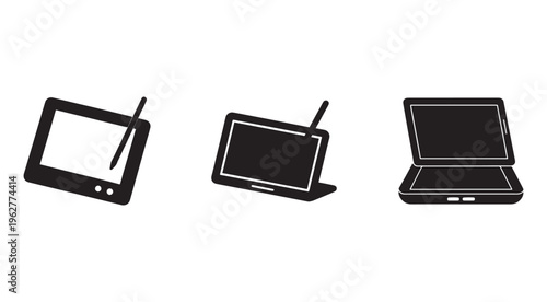 Black and white illustration of computer devices with blank screens and stylus  electronic gadgets for work and communication