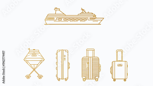 Line art of a cruise ship, a luggage trolley, and three upright suitcases on a white background