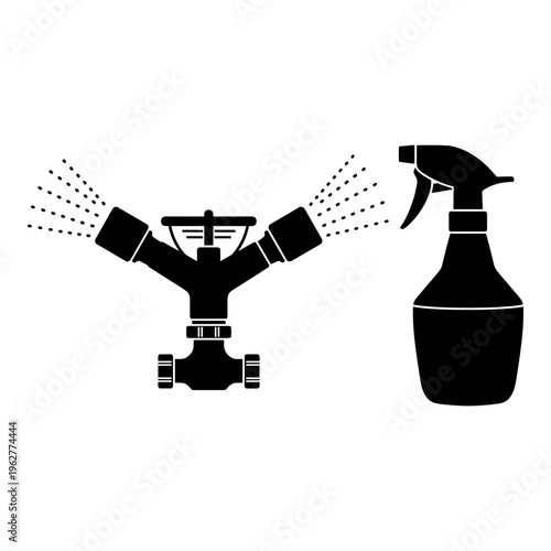 Watering can, spray nozzle, irrigation icons, gardening tools, black silhouette
