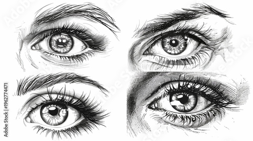 Four monochrome expressive human eyes, each unique, in sketch-like detail, gazing out