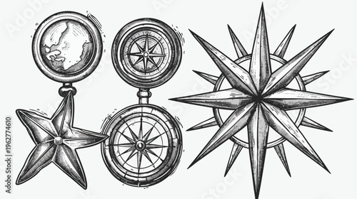 Engraved style illustration of vintage compasses and decorative nautical star shapes
