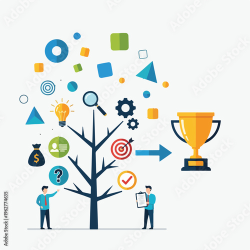 Colorful illustration depicting a strategic plan and its final achievement