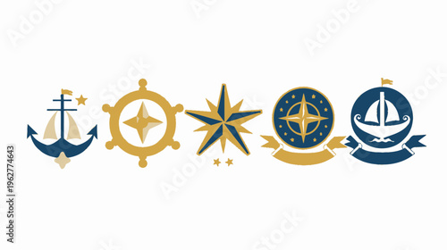 Nautical elements an anchor, wheel, star, compass, and sailboat in blue and gold hues