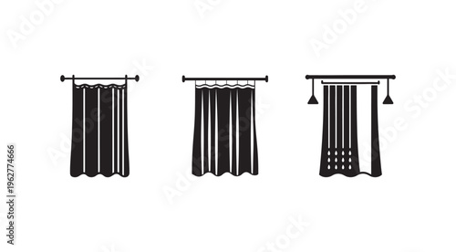 Black and white illustration of three different curtain types with rods and various designs and textures  hanging window coverings