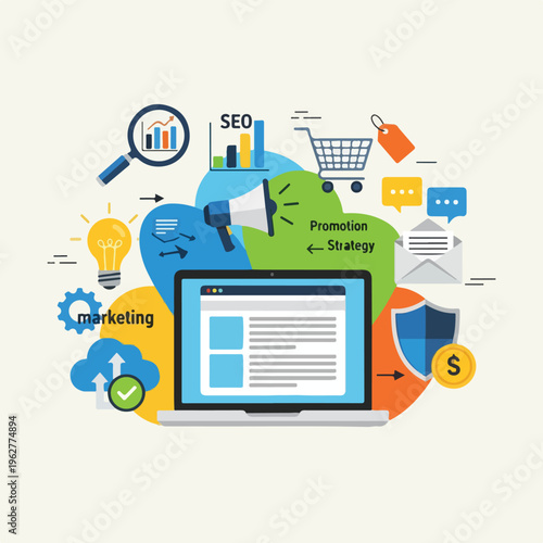 Colorful illustration depicting marketing and online business concepts