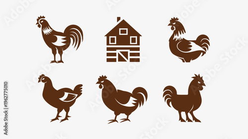Brown silhouettes of chickens and a barn building in a symmetrical arrangement