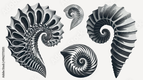 Collection of four monochrome nautilus shells in varied poses on a white backdrop