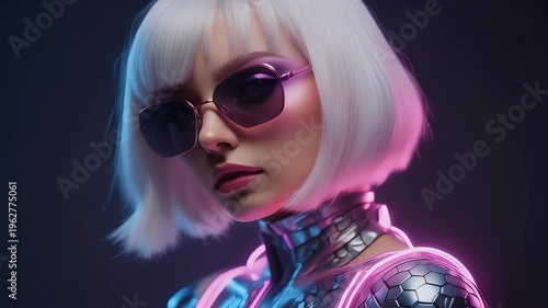 A futuristic woman with white hair and sunglasses poses in neon lights.