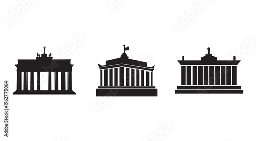 Black and white silhouettes of famous european buildings with columns and flags on top  landmarks icons