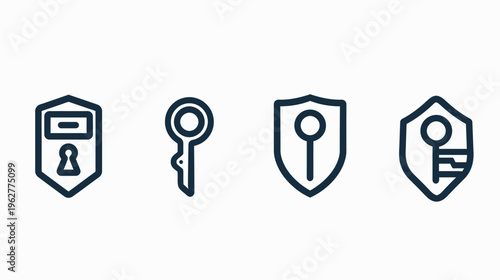 Security symbols lock, key, shield, and a key-shield combination, outlined in dark navy