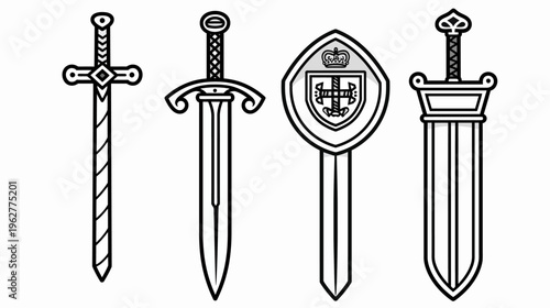 Four outlined antique swords and shield, presented in a row on a white background