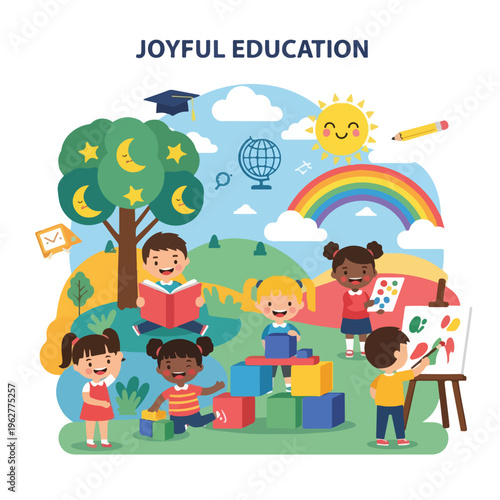 Colorful illustration depicts children engaging in various educational activities