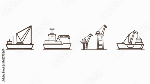 Outline illustrations of boats and cranes, a maritime industrial scene in vector format