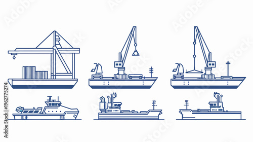 Six blue schematic maritime vessels cargo, crane, and transport ships on white ground