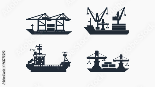 Four dark gray maritime vector images of cargo ships loaded with shipping containers