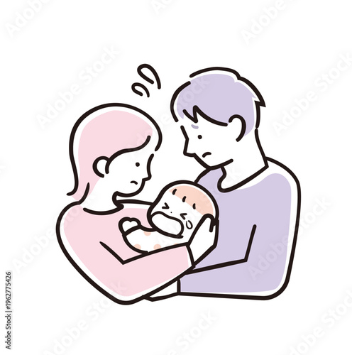 優しいシンプルカラーの赤ちゃんを抱っこして困る親子のイラスト 育児の悩み パパとママ