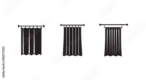 Black curtains on rods with different folds and openings for home decor and window treatment ideas