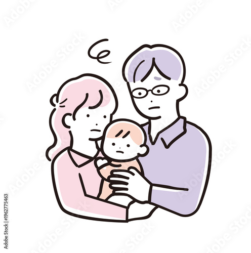 優しいシンプルカラーの赤ちゃんを抱っこして困る親子のイラスト 育児の悩み パパとママ