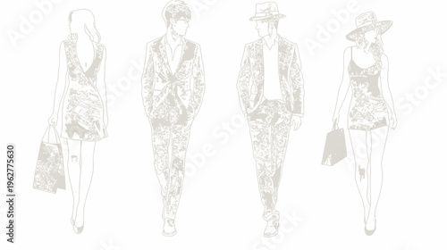 Stylized, faded rendering of trendy people on white, two males and two females