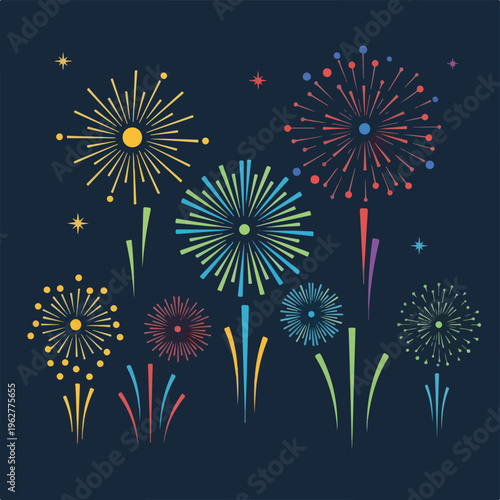 Colorful illustration featuring stylized fireworks exploding in a night sky