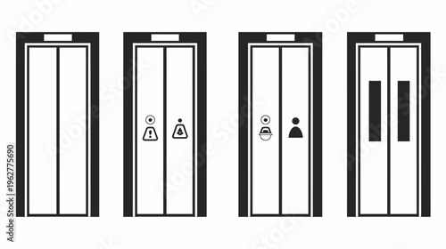 Four elevator door icons showing various elevator occupancy/hazard statuses in black and white
