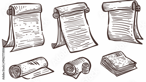 Hand-drawn illustration of scrolls, rolls, and stacks of papers in a rustic style