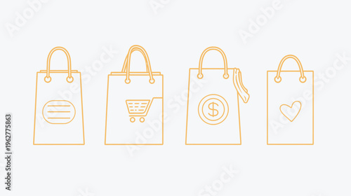 Four tan shopping bags outline list, cart, $, heart. Plain white background