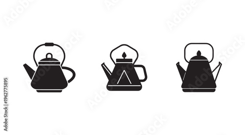 Black silhouette kettle icons in different styles for design and decoration  tea infuser and stove elements