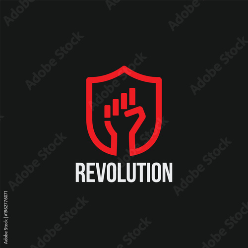 Fist hand up with shield emblem logo design. Minimal revolution badge symbol logo icon sign