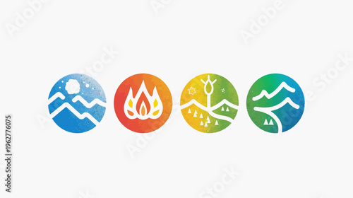 Four circular icons water, fire, earth, and air, each in watercolor texture