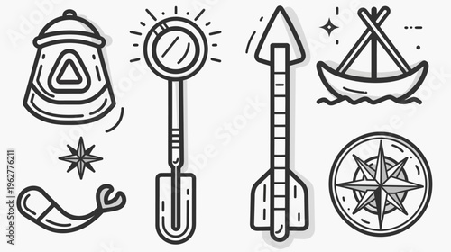 Outlined images depict exploration and discovery tools on a stark white background