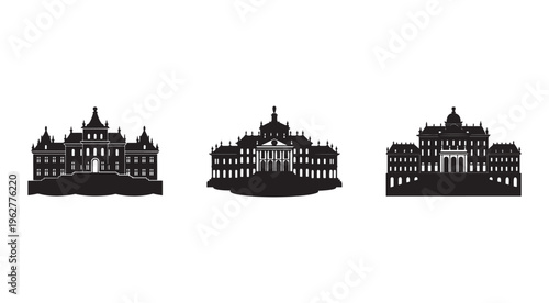 Black silhouettes of three old buildings with many windows on white background  architecture icons