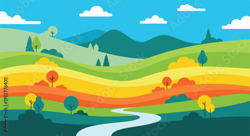 Colorful illustration of a stylized landscape with rolling hills, trees, and sky