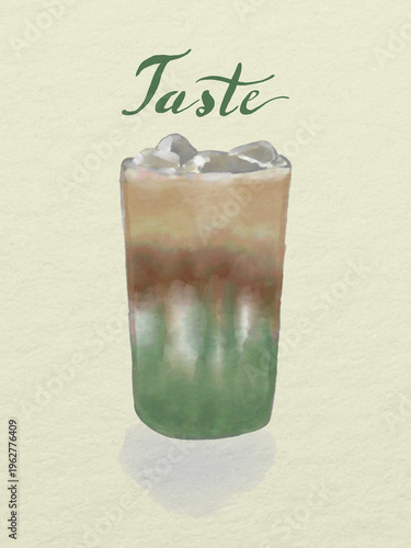 Watercolor Dirty Matcha Coffee Latte with Iced Layers and Taste Text