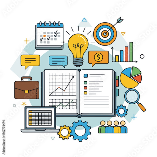 Colorful illustration of business tools, charts, and planning elements