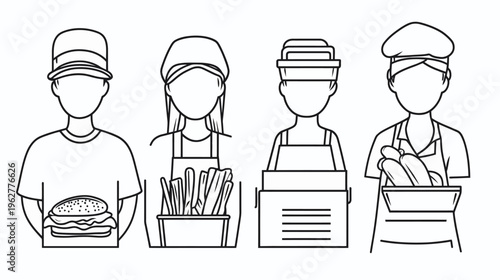 Outlined fast-food workers with burger, fries, boxes, and bread on white background