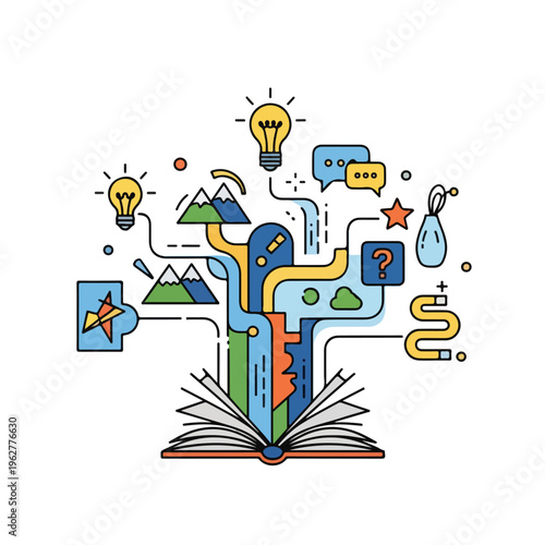 Colorful illustration of an open book with abstract connections