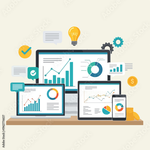 Colorful illustration of digital devices and charts showcasing data and finances