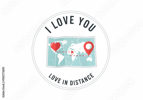 Love in Distance - A Global Romance Expressed Through a Heart and Location Pins on a World Map Illustration
