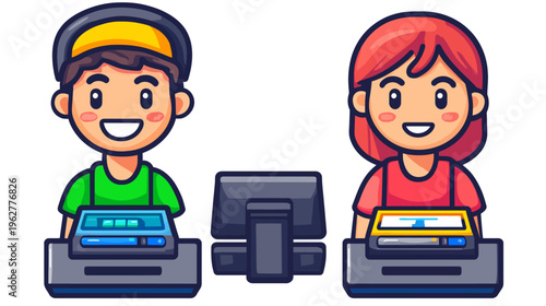 Two cartoon cashiers standing behind registers, wearing different colored clothing