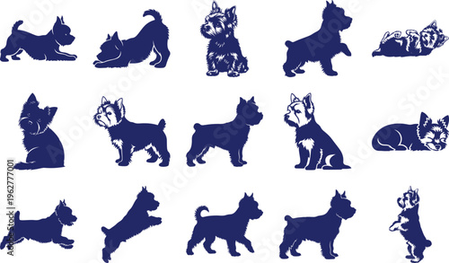 Blue Silhouettes of Yorkshire Terriers in Various Poses