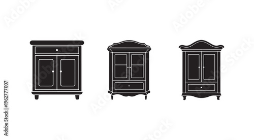 Blackandwhiteillustrationofthreewardrobeswithdifferentdesignsandstylesforinteriordecorideas