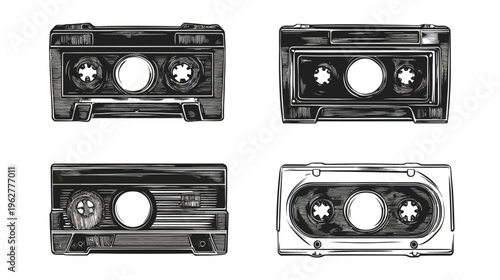 Four cassette tape illustrations in black and white, in a vintage scratchboard style