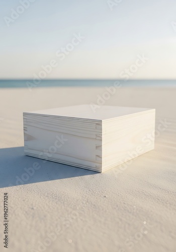 Minimalist white wooden box on pristine beach backdrop evoking serenity